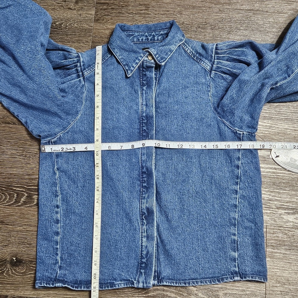 Scoop Women's Blue Denim Collared Button-Up Puff 3/4 Sleeve Blouse Sz XS (0-2) - Picture 7 of 9